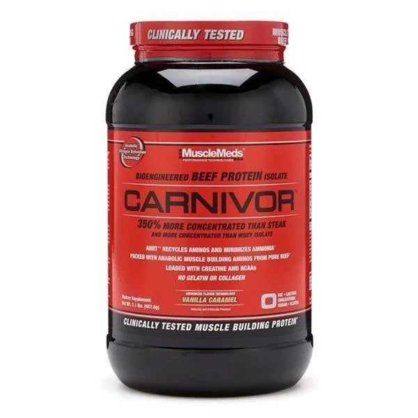 Envase de proteí­na Carnivor vainilla caramelo, suplemento en polvo para fitness y musculación
