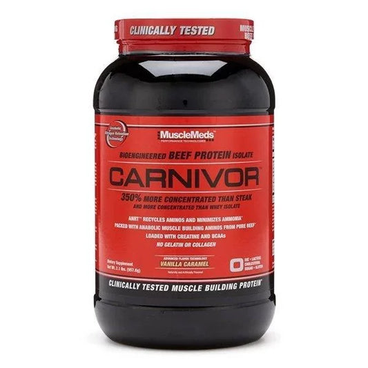 Envase de proteí­na Carnivor vainilla caramelo, suplemento en polvo para fitness y musculación