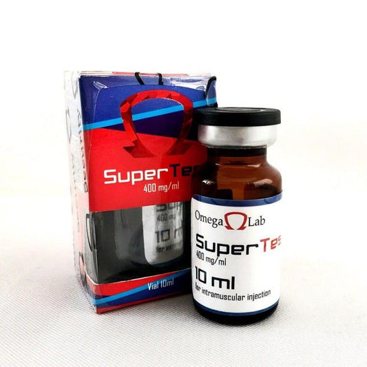 Frasco de 10 ml SuperTest 400 mg/ml para inyección intramuscular, caja visible al fondo.