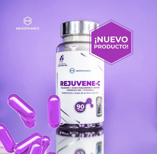Frasco de suplemento Rejuvene-C con 90 cápsulas, colágeno, vitamina C, fondo morado
