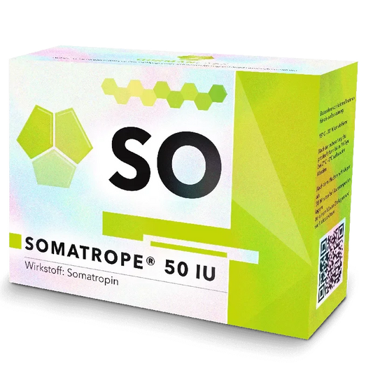 Caja de Somatrope 50 IU hormona de crecimiento somatropina en empaque verde para fitness