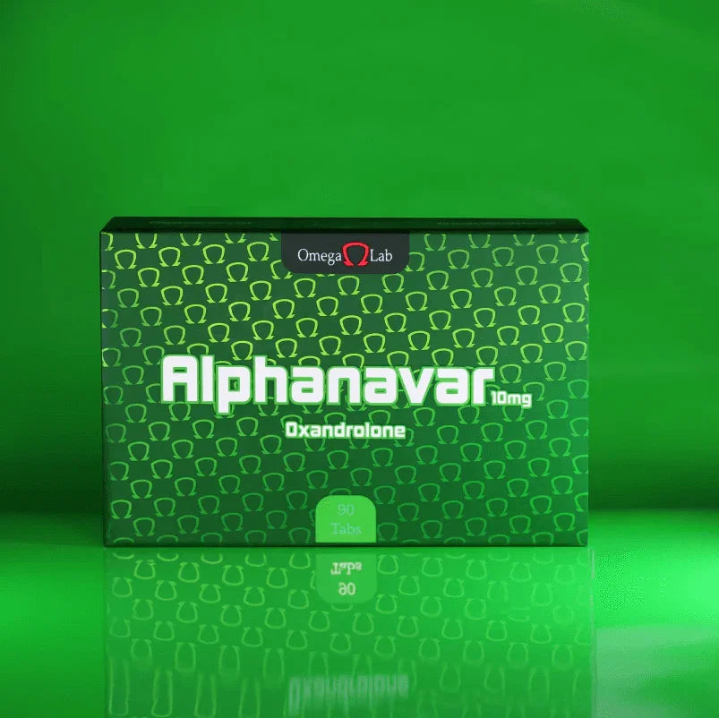 Caja de Alphanavar 10mg Oxandrolone 90 tabletas sobre fondo verde, suplemento deportivo