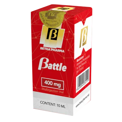 Caja roja de suplemento inyectable Battle 400 mg, 10 ml, de Betha Pharma, farmacologí­a deportiva.