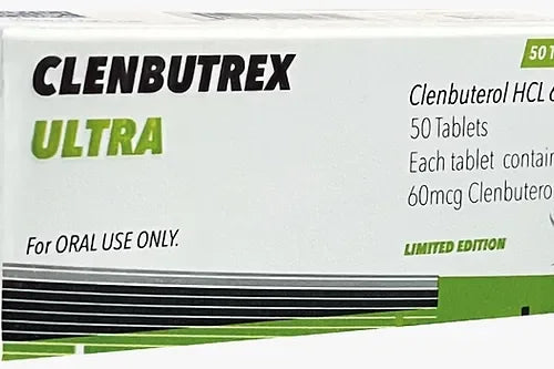 Caja de Clenbutrex Ultra 50 tabletas 60mcg, suplemento para fitness y alto rendimiento