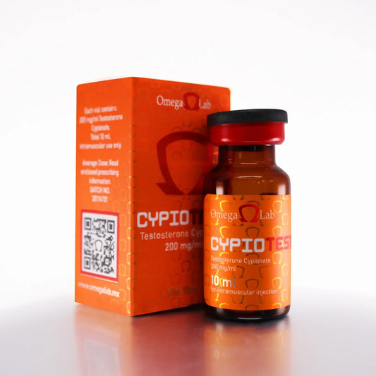 Frasco de cipionato de testosterona 200 mg/ml 10 ml con caja naranja para uso intramuscular