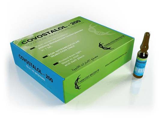 Caja y ampolla de Covostalol 200 inyectable, suplemento para culturismo y alto rendimiento