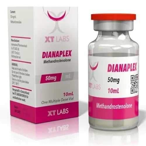 Frasco y caja de DIANAPLEX 50mg 10mL Methandrostenolone, suplemento farmacológico para culturismo