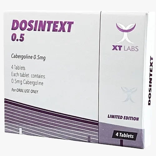 Caja de DOSINTEXT 0.5 mg Cabergolina, 4 tabletas, suplemento farmacológico para deportistas.