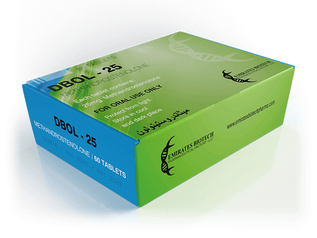 Caja verde de DBOL-25 con 60 tabletas de methandrostenolona para uso oral, farmacologí­a deportiva.