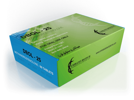 Caja verde de DBOL-25 con 60 tabletas de methandrostenolona para uso oral, farmacologí­a deportiva.