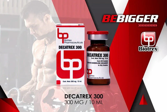 Frasco y caja de Decatrex 300 Biotrex 300 mg 10 ml, suplemento deportivo para culturismo.