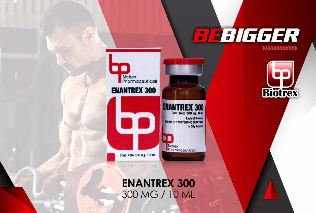 Frasco y caja de Enantrex 300 mg para musculación, suplemento para rendimiento deportivo.