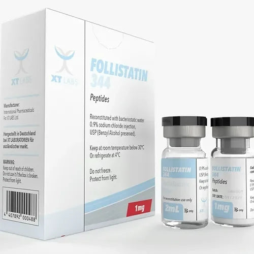 Viales de Follistatin 344 1mg, péptido para culturismo, junto a caja descriptiva.