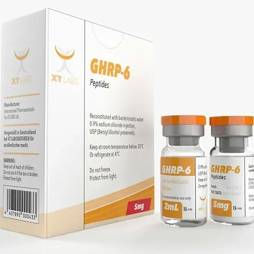 GHRP-6 5mg péptidos para culturismo, caja y dos viales sobre fondo blanco