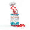 Frasco de gomitas multivitamí­nicas rojas para suplementos de fitness y salud deportiva.