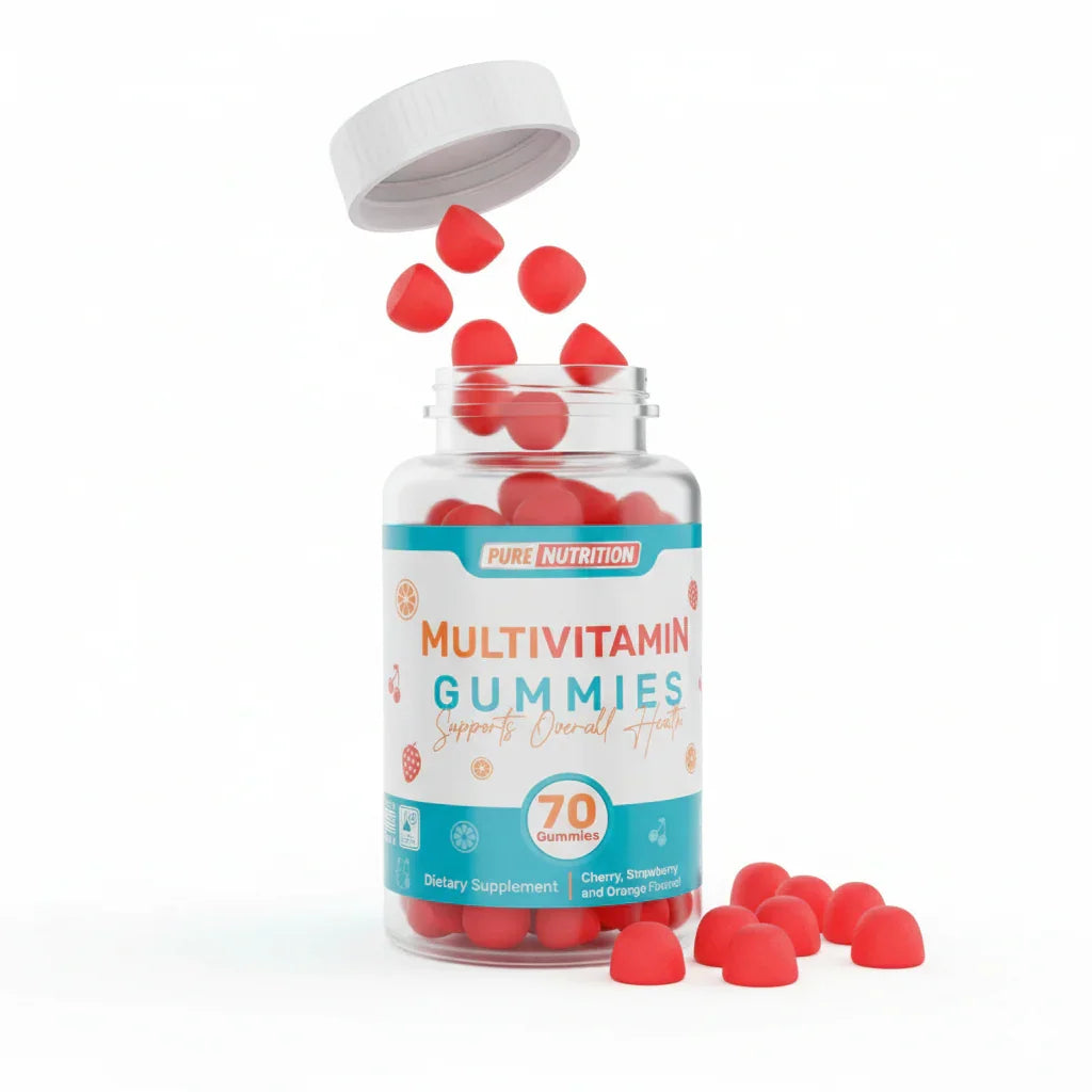 Frasco de gomitas multivitamí­nicas rojas para suplementos de fitness y salud deportiva.