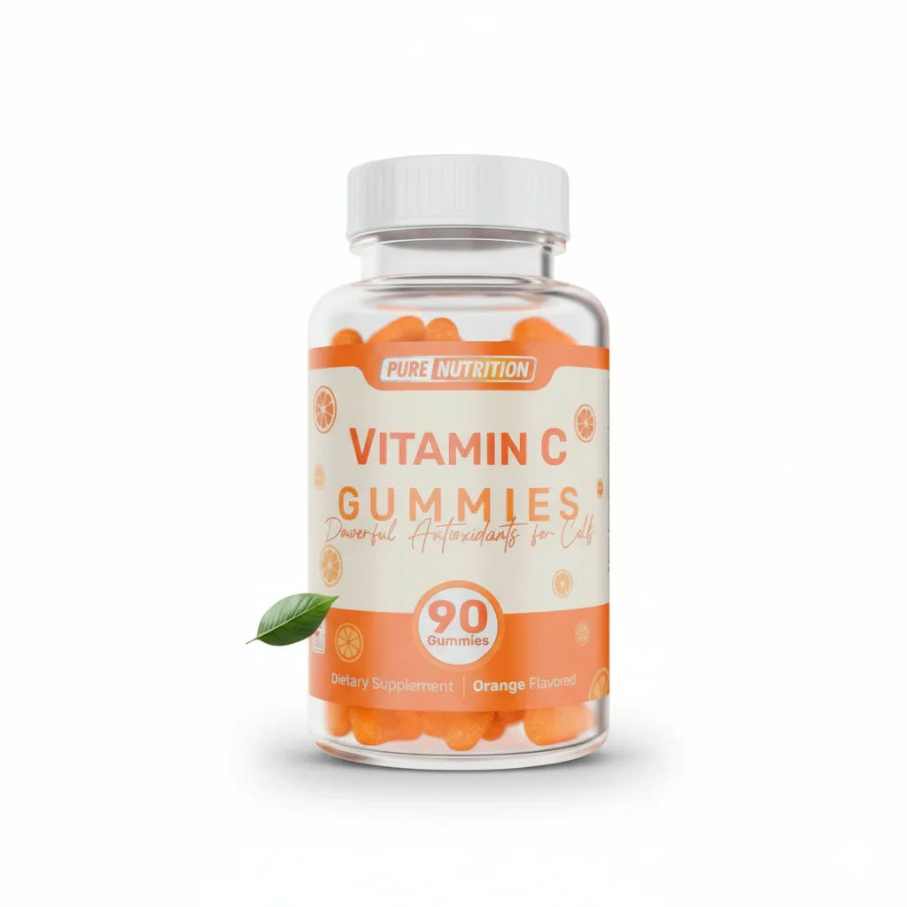 Frasco de gomitas de vitamina C, suplemento nutricional sabor naranja para fitness