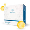 Caja de suplemento Gluteolift con peptonas, fondo blanco, esferas amarillas decorativas.