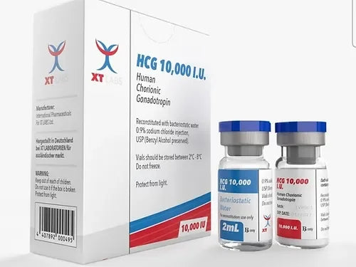 Caja y viales de HCG 10,000 IU gonadotrofina coriónica humana para farmacologí­a deportiva.