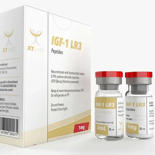 Frasco y caja de IGF-1 LR3 1mg, suplemento peptí­dico para culturismo y alto rendimiento.