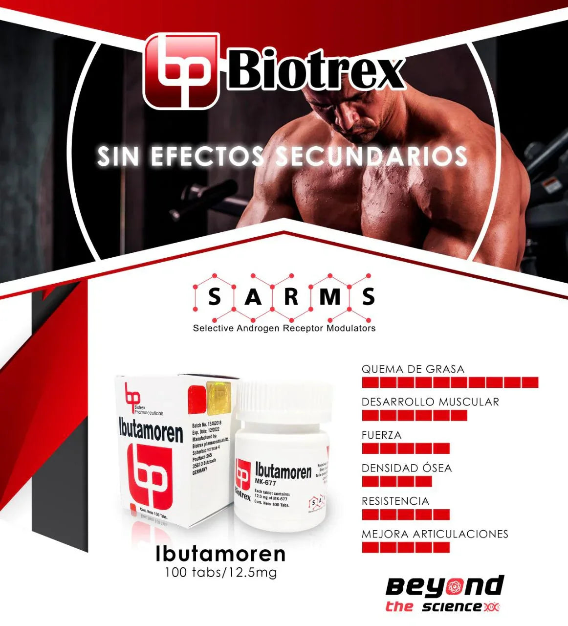 Envase de Ibutamoren MK-677 para 100 tabletas, suplemento para desarrollo muscular y quema de grasa, junto a hombre musculoso en gimnasio.
