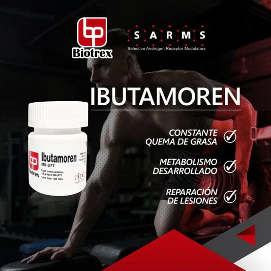 Frasco de Ibutamoren MK-677 Biotrex junto a atleta en gimnasio, beneficios resaltados para culturismo