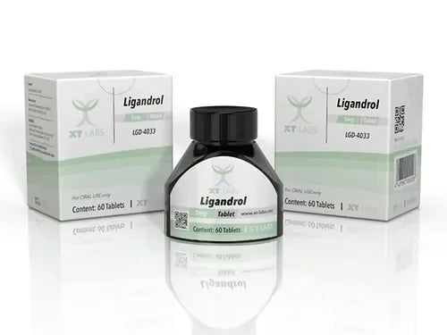 Frasco y cajas de Ligandrol 5 mg, 60 tabletas, suplemento para fitness y culturismo.