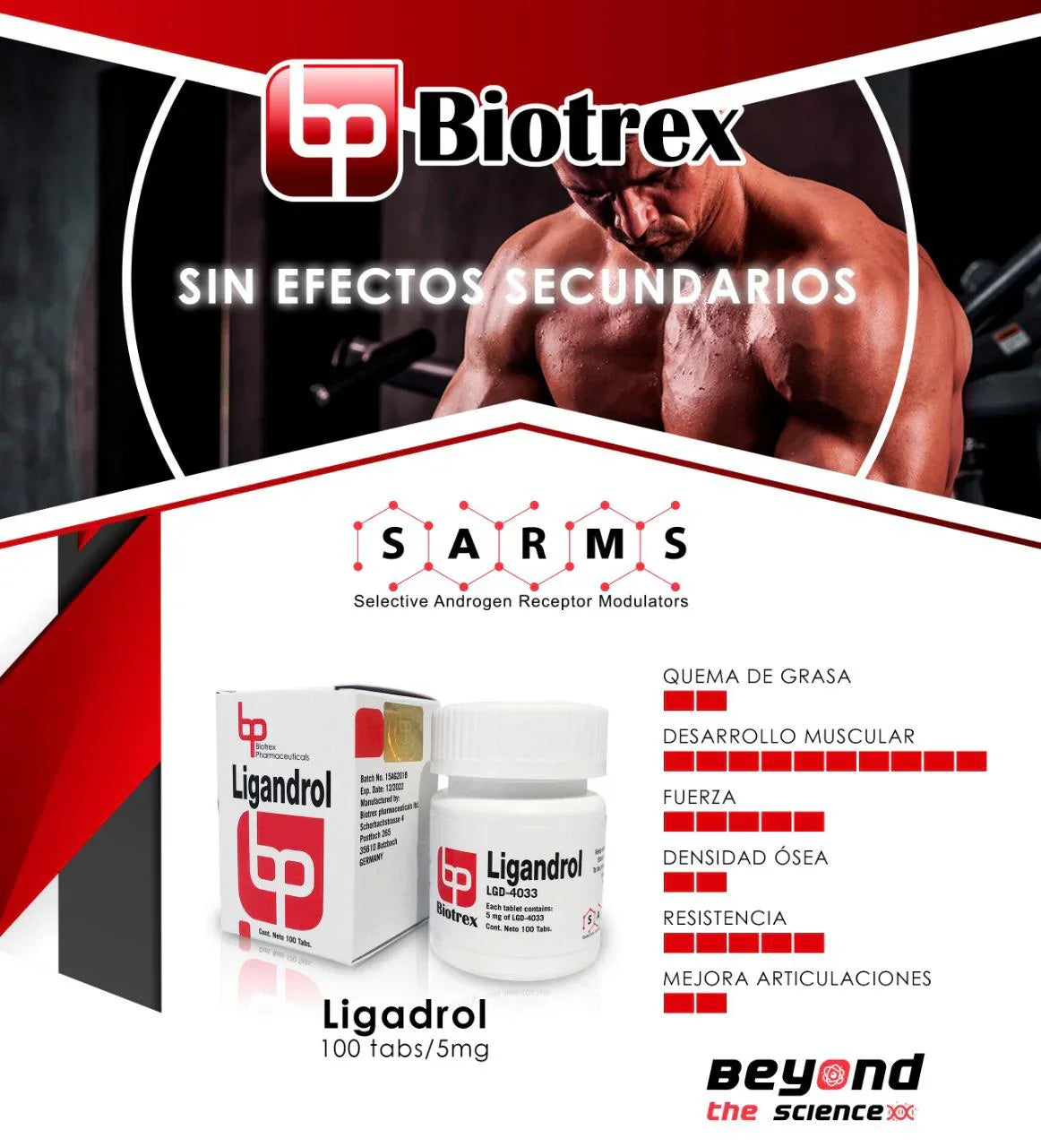 Envase de Ligandrol LGD-4033 Biotrex, suplemento SARMS para desarrollo muscular y fuerza