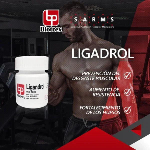 Bote de Ligandrol LGD-4033 Biotrex con fondo de gimnasio y hombre musculoso, ideal para resistencia y masa muscular.