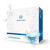 Caja de Lipoenzimas MesoFrance para suplementos deportivos, fondo blanco con efecto de agua.