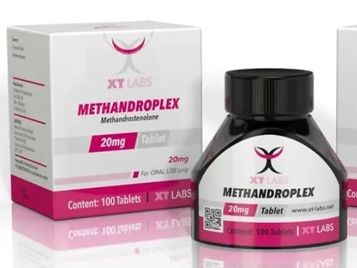 Frasco y caja de Methandroplex 20mg, tabletas para volumen muscular, 100 pastillas
