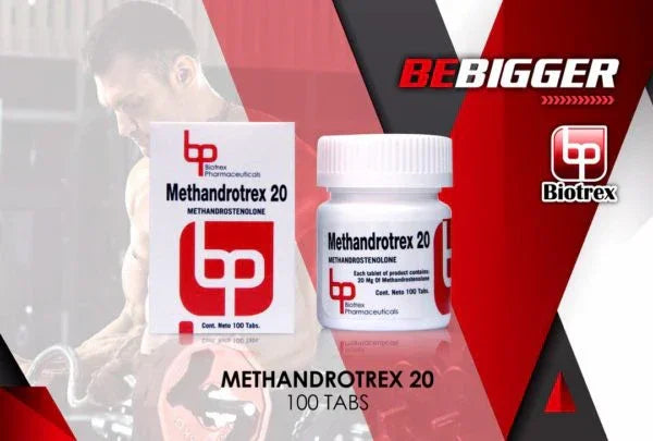 Envase y caja de Methandrotrex 20 Biotrex, suplemento deportivo para volumen muscular, 100 tabletas