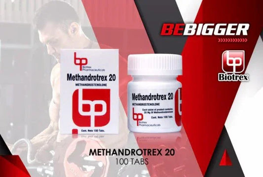 Envase y caja de Methandrotrex 20 Biotrex, suplemento deportivo para volumen muscular, 100 tabletas