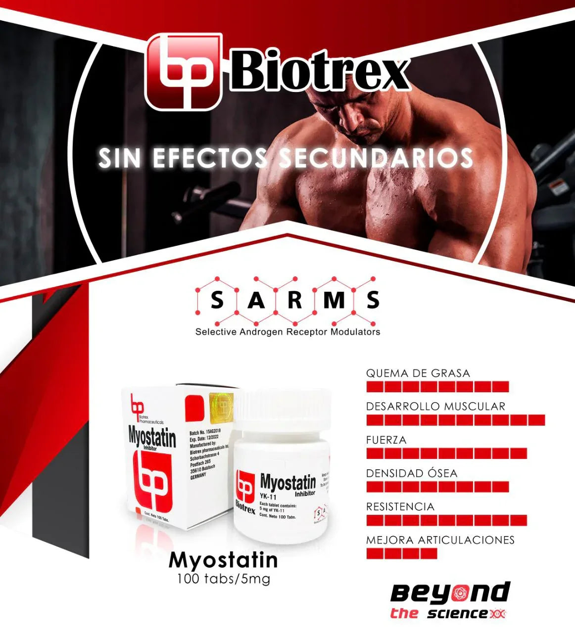 Suplemento Myostatin YK-11 Biotrex SARMs para desarrollo muscular, fuerza y quema de grasa
