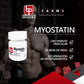 Frasco de Myostatin YK-11 con culturista muscular de fondo y beneficios para crecimiento muscular, dureza y recuperación.