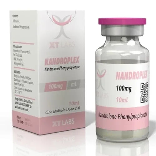 Frasco y caja de Nandroplex 100mg 10ml, suplemento para culturismo y alto rendimiento.