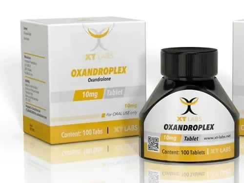 Frasco y caja de tabletas Oxandroplex 10 mg para fitness y rendimiento deportivo