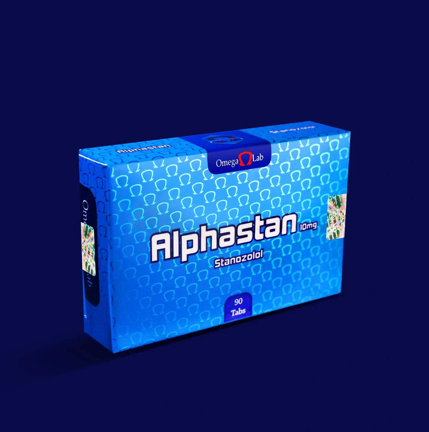 Caja azul de Alphastan Stanozolol 10mg 90 tabletas, suplemento deportivo
