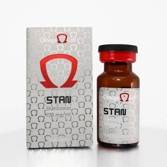 Vial y caja de Stanozolol 100 mg/ml, suplemento para culturismo y rendimiento deportivo