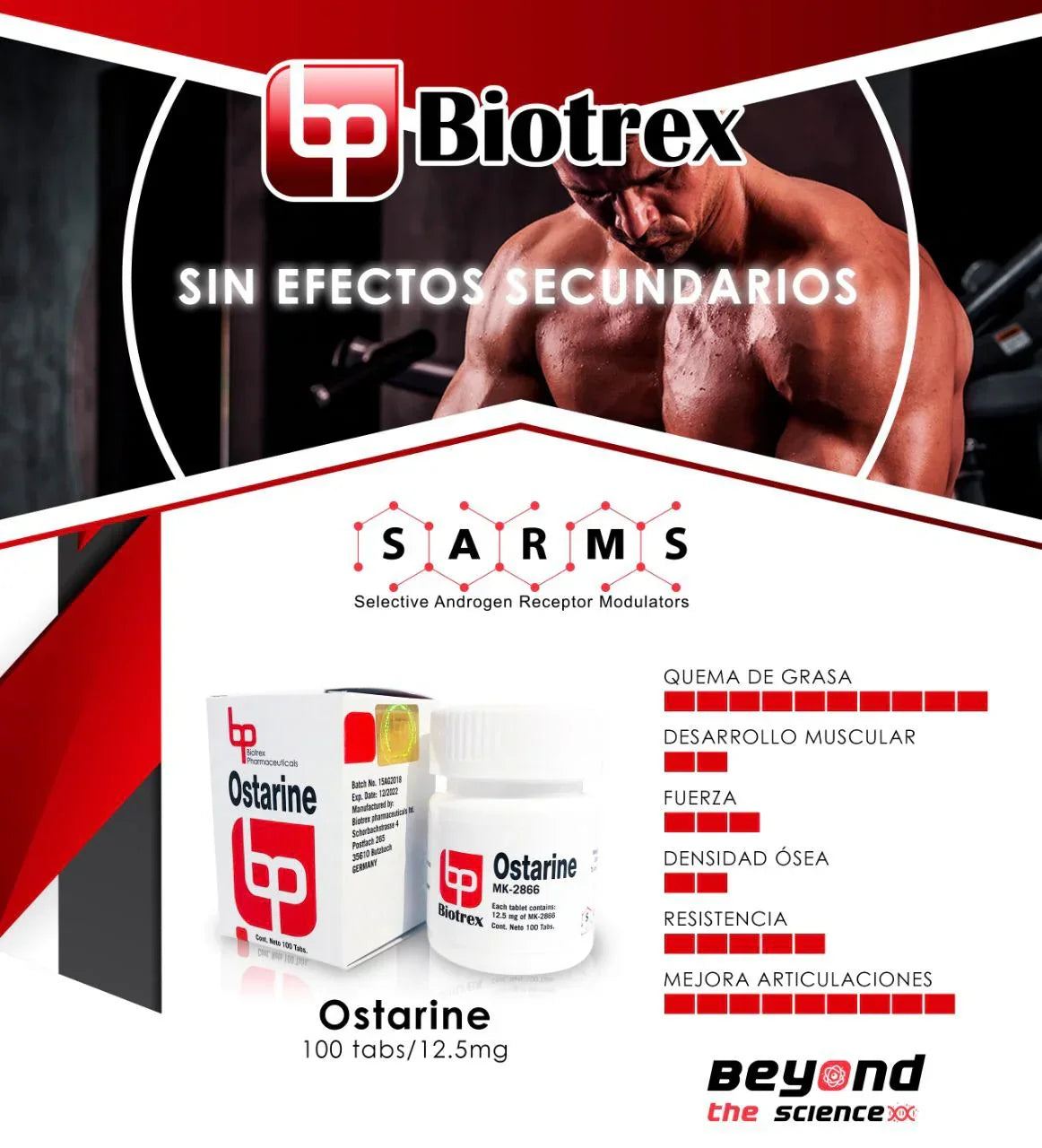 Suplemento Ostarine MK-2866 Biotrex 100 tabletas para desarrollo muscular y fuerza