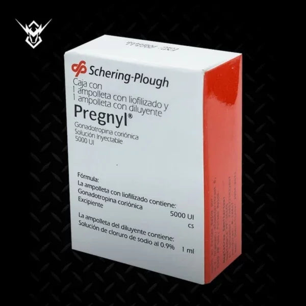 Caja de Pregnyl 5000 UI Schering-Plough, gonadotrofina coriónica inyectable, fondo negro.
