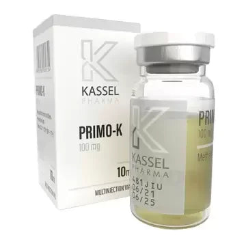 Vial de inyección Kassel Pharma Primo-K 100 mg junto a su caja, suplemento deportivo