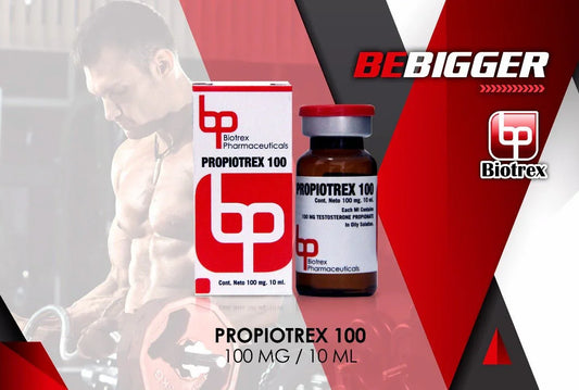 Frasco y caja de PropioTREX 100 Biotrex, suplemento farmacológico para culturismo, 100 mg/10 ml.