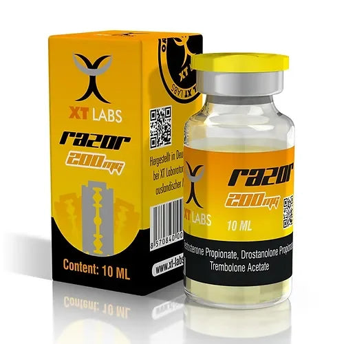 Frasco y caja de Razor 200 mg 10 ml, suplemento inyectable para culturismo y fitness XT Labs