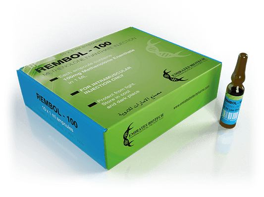 Caja y ampolla de Rembol-100, suplemento inyectable para rendimiento deportivo y fitness
