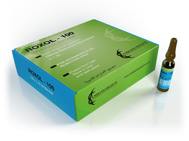 Caja y ampolla de Roxol-100, suplemento deportivo en ampolletas para inyección intramuscular.