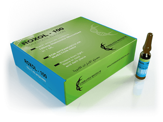 Caja y ampolla de Roxol-100, suplemento deportivo en ampolletas para inyección intramuscular.