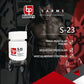 Envase de Biotrex S-23 frente a hombre musculoso con pesas, suplemento para masa muscular y definición.