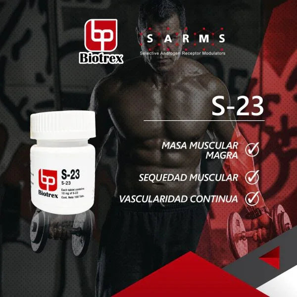 Envase de Biotrex S-23 frente a hombre musculoso con pesas, suplemento para masa muscular y definición.