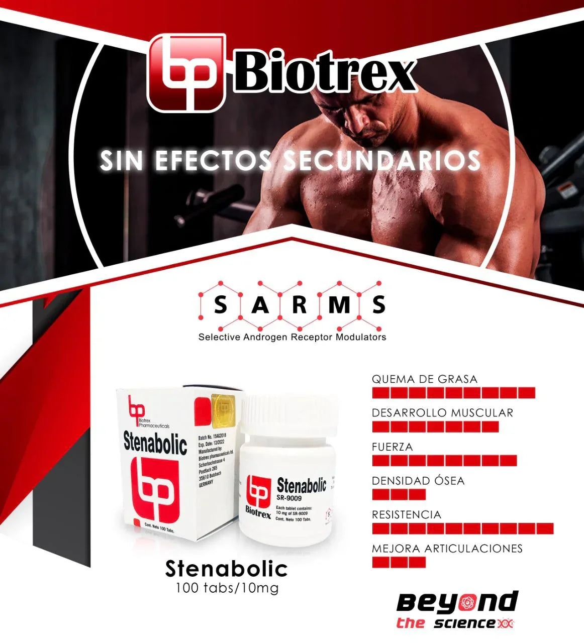 Frasco y caja de Stenabolic SR-9009 Biotrex, suplemento SARMS para desarrollo muscular y resistencia.
